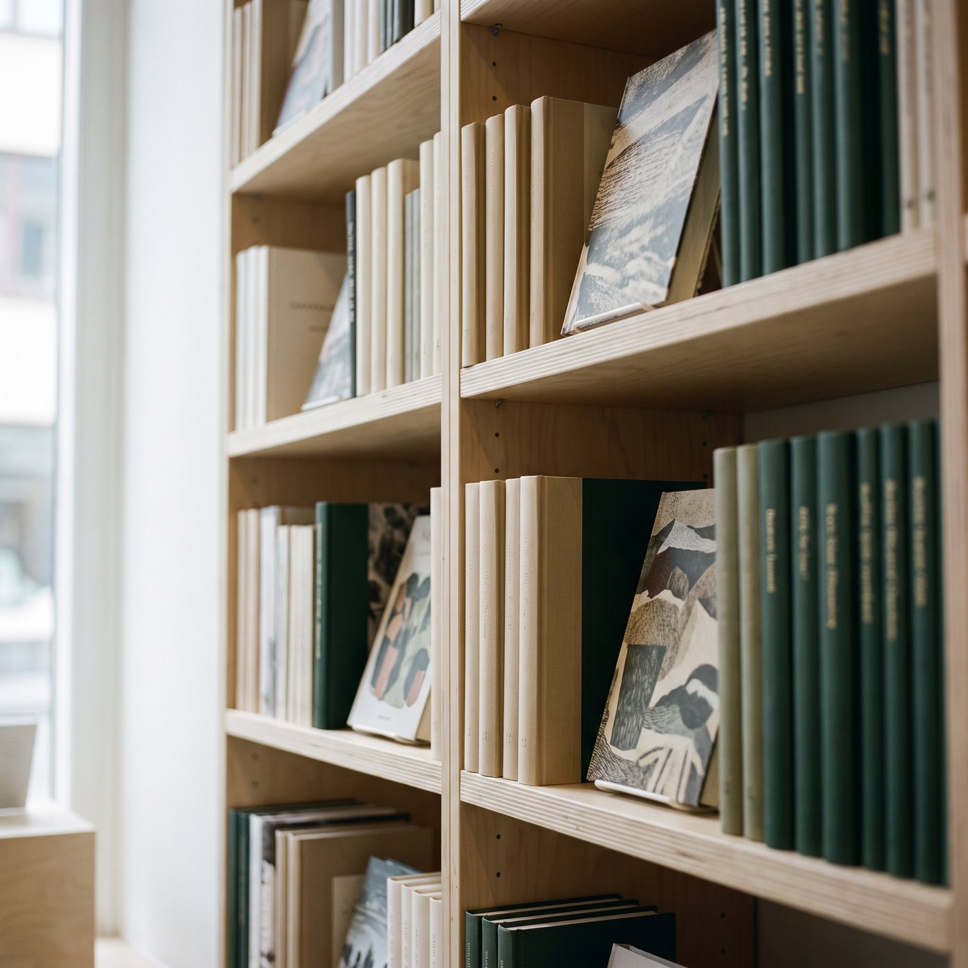 Books face-out on a pale wooden shelf in a bookshop